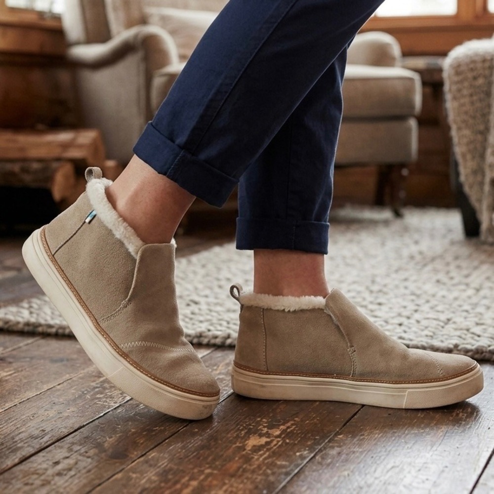 TOMS Womens Paxton Suede Ankle Boots Taupe Faux Fur Lined Slip On Bootie Size 9